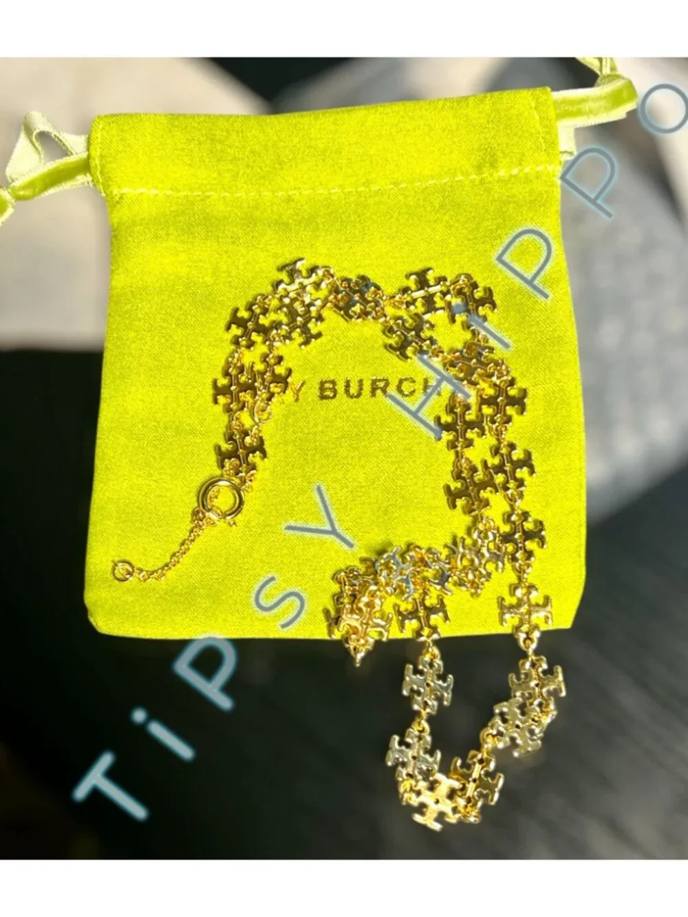 Tory Burch Gold Puzzle Piece Chain Necklace With Adjustable Clasp & Branded Pouc